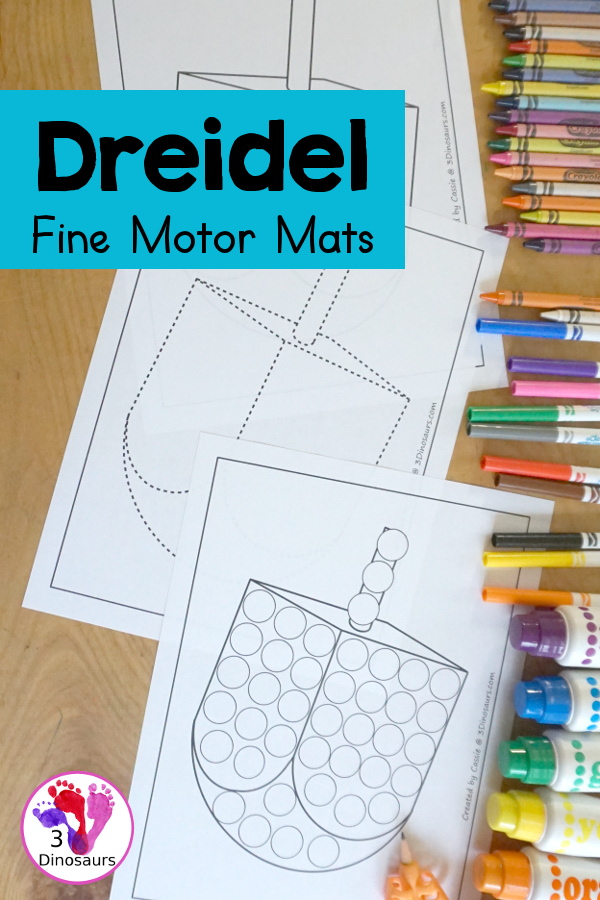 Free Dreidel Fine Motor Mat Printables with dreidel template, dreidel tracing worksheet, and dreidel dot marker printable for working on Fine motor skills for Hanukkah - 3Dinosaurs.com