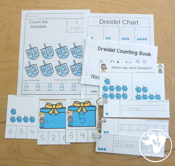 Hanukkah Activity Pack: Prewriting, Shapes, Letters & Numbers - 191 pages of Hanukkah activities with no-prep pages, clip cards and tracing strips to help with learning skills. A great addition to any Hanukkah activity - 3Dinosaurs.com