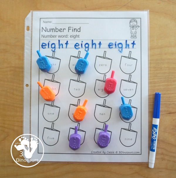 Hanukkah Number Find - Numbers 0 to 20 with tracing and finding numbers on dreidels. You have number words and numerical numbers for kids to use in the set. - 3Dinosaurs.com