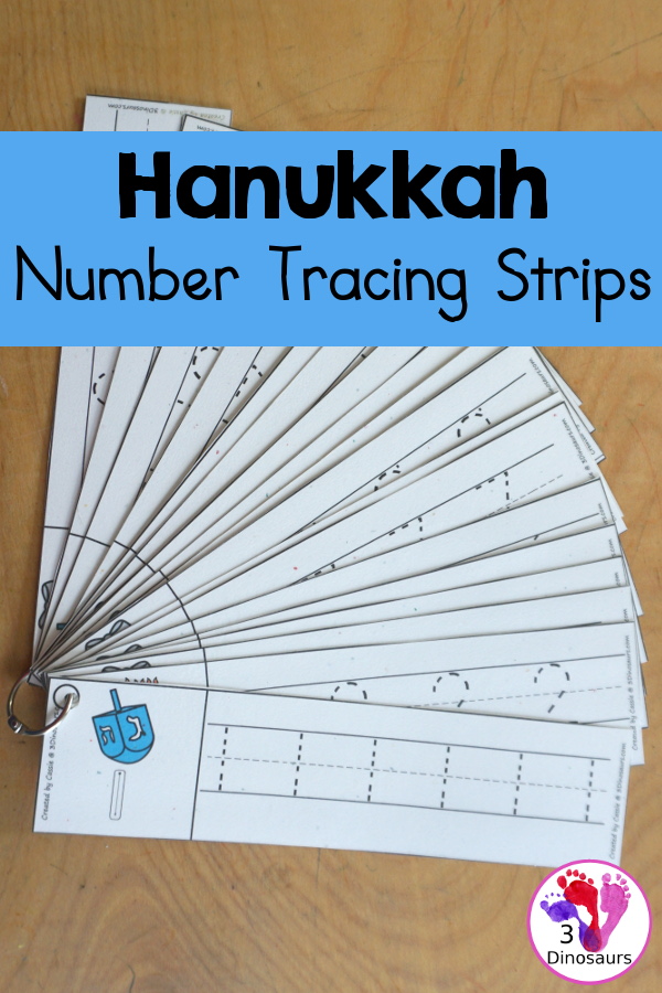 Free Hanukkah Number Tracing Strips - with numbers 0 to 20. You can trace the numbers and an example of how to trace the numbers on the strips, plus Hanukkah items on each tracing strip. - 3Dinosaurs.com