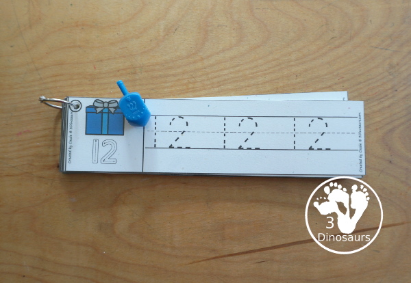 Free Hanukkah Number Tracing Strips - with numbers 0 to 20. You can trace the numbers and an example of how to trace the numbers on the strips, plus Hanukkah items on each tracing strip. - 3Dinosaurs.com
