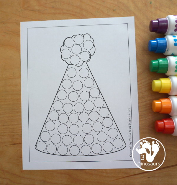 Free Party Hat Fine Motor Mats has 3 fine motor mats. You have a party hat template, a party hat tracing printable, and a party hat dot marker printable.- 3Dinosaurs.com