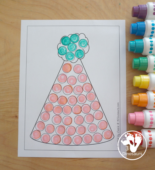 Free Party Hat Fine Motor Mats has 3 fine motor mats. You have a party hat template, a party hat tracing printable, and a party hat dot marker printable.- 3Dinosaurs.com