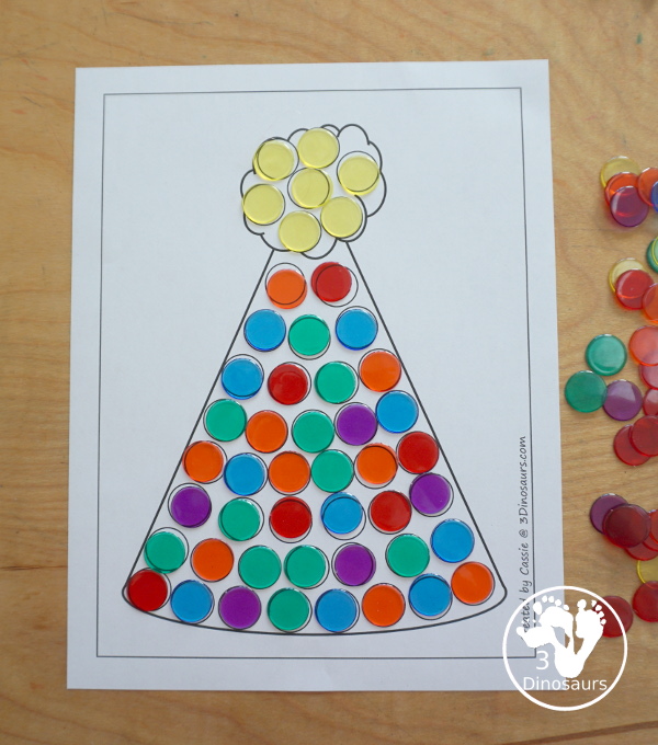 Free Party Hat Fine Motor Mats has 3 fine motor mats. You have a party hat template, a party hat tracing printable, and a party hat dot marker printable.- 3Dinosaurs.com