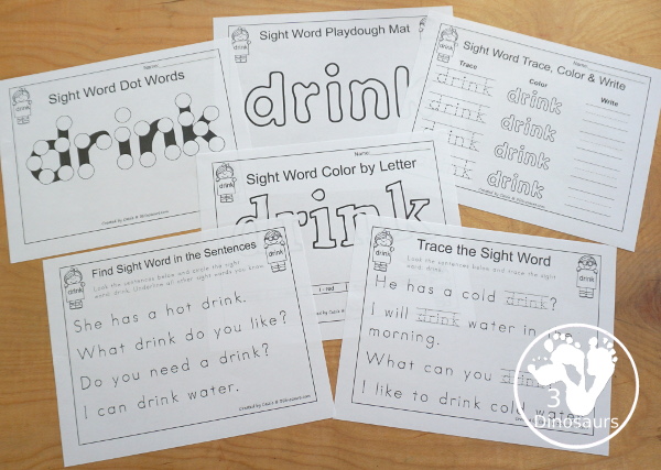Free Romping & Roaring Third Grade Sight Words Packs Set 3:  Drink, Eight, Fall, Far - 6 pages of activities for each third Grade sight words: drink, eight, fall, and far. These are great for easy to use learning centers - 3Dinosaurs.com