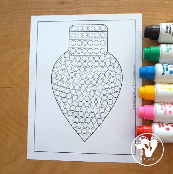 Free Christmas Lights Fine Motor Mats - you have 6 fine motor mats for kids to use. You have two Christmas lights templates, two Christmas lights fine motor templates, a Christmas dot marker template, and a Christmas light q-tip printable. Each works great for fine motor centers for tot, preschool, prek, and kindergarten. - 3Dinosaurs.com