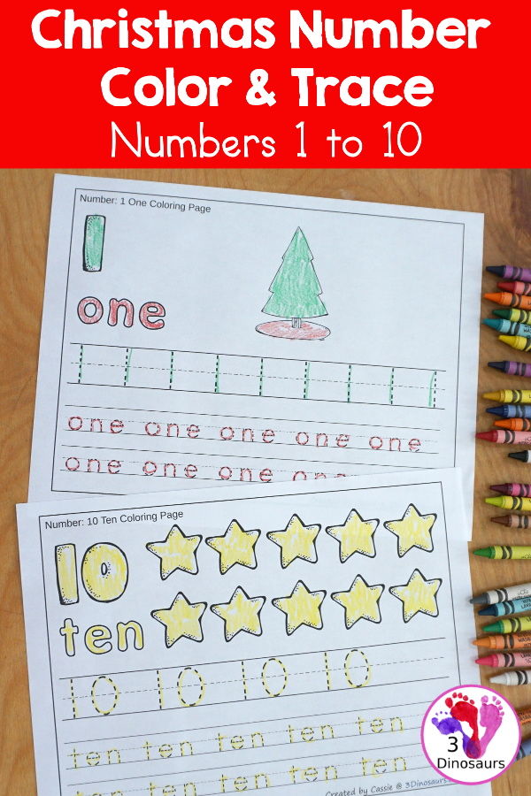 Free Christmas Number Color & Trace - Numbers o to 10 with counting the Christmas items and tracing the number and number word for each number with 11 pages of printables for prek and kindergarten - 3Dinosaurs.com