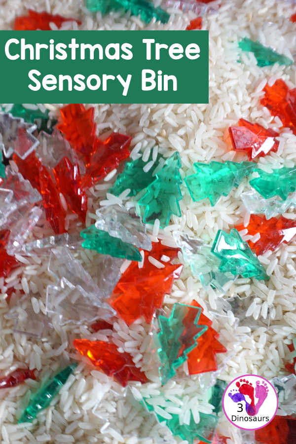 Christmas Tree Sensory Bin - a simple Christmas sensory bin with rice and acrylic Christmas trees. Simple and easy to set up and use. - 3Dinosaurs.com
