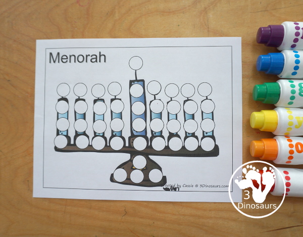 Free Hanukkah Color by Night & Dot Marker Printables. You have a menorah for Hanukkah and then you can dot marker pages for Hanukkah to make fine motor fun for Hanukkah. - 3Dinosaurs.com
