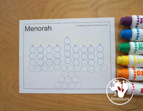 Free Hanukkah Color by Night & Dot Marker Printables. You have a menorah for Hanukkah and then you can dot marker pages for Hanukkah to make fine motor fun for Hanukkah. - 3Dinosaurs.com