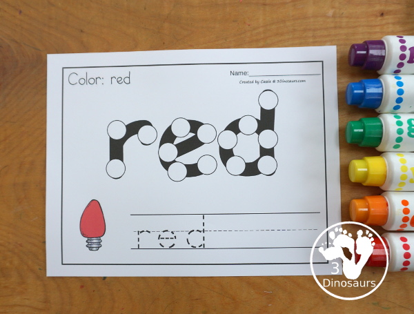 Christmas Light Dot Marker Color Word Printable - a fun printable that has a dot marker color word, a color word to trace, and a Christmas Light matching the color or a Christmas Light to color to match the word. - 3Dinosaurs.com