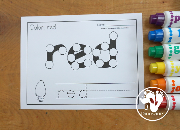 Christmas Light Dot Marker Color Word Printable - a fun printable that has a dot marker color word, a color word to trace, and a Christmas Light matching the color or a Christmas Light to color to match the word. - 3Dinosaurs.com