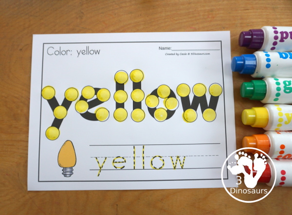 Christmas Light Dot Marker Color Word Printable - a fun printable that has a dot marker color word, a color word to trace, and a Christmas Light matching the color or a Christmas Light to color to match the word. - 3Dinosaurs.com