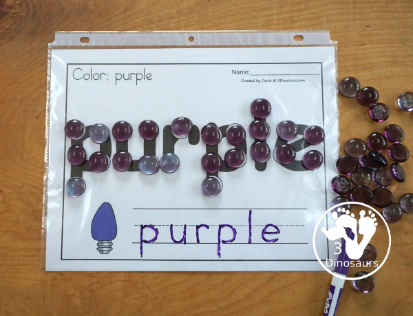 Christmas Light Dot Marker Color Word Printable - a fun printable that has a dot marker color word, a color word to trace, and a Christmas Light matching the color or a Christmas Light to color to match the word. - 3Dinosaurs.com