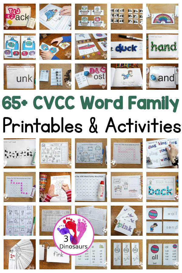 65+ CVCC Word Family Printables & Activities - a mix of hands-on and no-prep printables for kids to learn their ending consonant blends in different printables activities. You have CVCC playdough mats, CVCC puzzles, CVCC flashcards, CVCC wall cards, CVCC puzzles, CVCC books, CVCC matching, and more CVCC printables - 3Dinosaurs.com