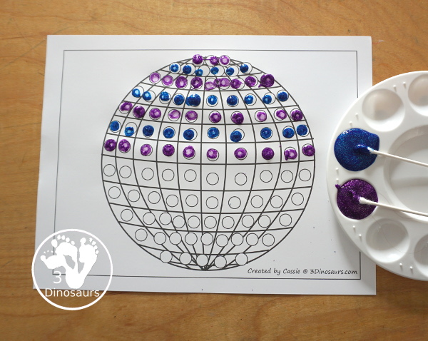 Free Disco Ball Fine Motor Mat Printables For New Years - You can also call this a countdown ball. A fun fine motor set with disco ball template, disco ball tracing, disco ball q-tip, disco ball dot marker page. Four fine fine motor mats for New years. - 3Dinosaurs.com