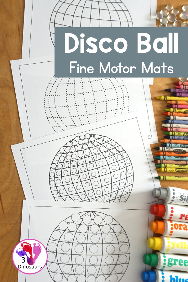 Free Disco Ball Fine Motor Mat Printables For New Years - You can also call this a countdown ball. A fun fine motor set with disco ball template, disco ball tracing, disco ball q-tip, disco ball dot marker page. Four fine fine motor mats for New years. - 3Dinosaurs.com