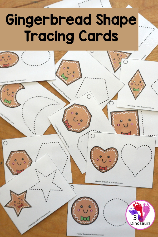 Free Gingerbread Shape Tracing Card Printable - has 12 shapes for kids to trace. You have a picture of the gingerbread man face with the shape, and then a shape to trace.  3Dinosaurs.com