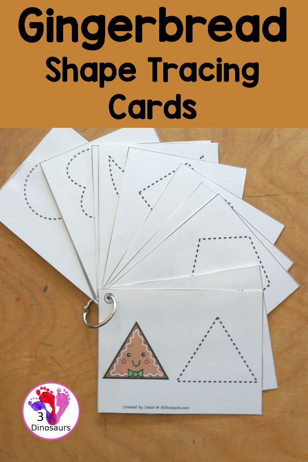 Free Gingerbread Shape Tracing Card Printable - has 12 shapes for kids to trace. You have a picture of the gingerbread man face with the shape, and then a shape to trace.  3Dinosaurs.com