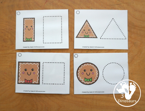 Free Gingerbread Shape Tracing Card Printable - has 12 shapes for kids to trace. You have a picture of the gingerbread man face with the shape, and then a shape to trace.  3Dinosaurs.com