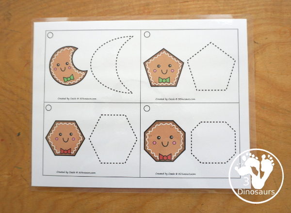 Free Gingerbread Shape Tracing Card Printable - has 12 shapes for kids to trace. You have a picture of the gingerbread man face with the shape, and then a shape to trace.  3Dinosaurs.com