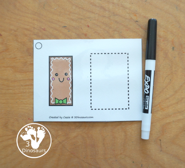 Free Gingerbread Shape Tracing Card Printable - has 12 shapes for kids to trace. You have a picture of the gingerbread man face with the shape, and then a shape to trace.  3Dinosaurs.com