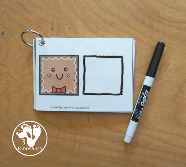 Free Gingerbread Shape Tracing Card Printable - has 12 shapes for kids to trace. You have a picture of the gingerbread man face with the shape, and then a shape to trace.  3Dinosaurs.com