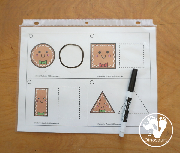 Free Gingerbread Shape Tracing Card Printable - has 12 shapes for kids to trace. You have a picture of the gingerbread man face with the shape, and then a shape to trace.  3Dinosaurs.com