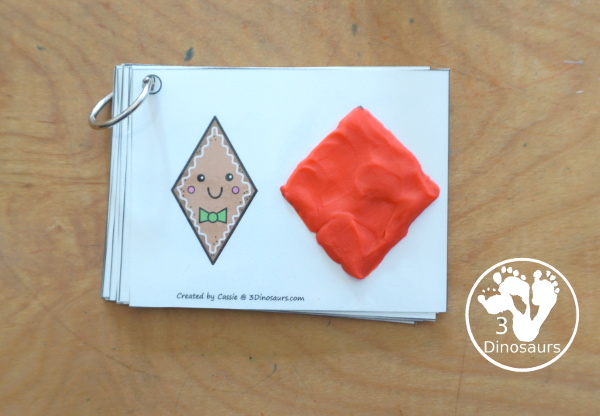 Free Gingerbread Shape Tracing Card Printable - has 12 shapes for kids to trace. You have a picture of the gingerbread man face with the shape, and then a shape to trace.  3Dinosaurs.com