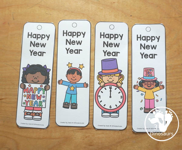 Free Happy New Year Bookmark Printables - 8 fun bookmarks to use for New Year's for kids. And they work for any year. 4 bookmarks per page - 3Dinosaurs.com