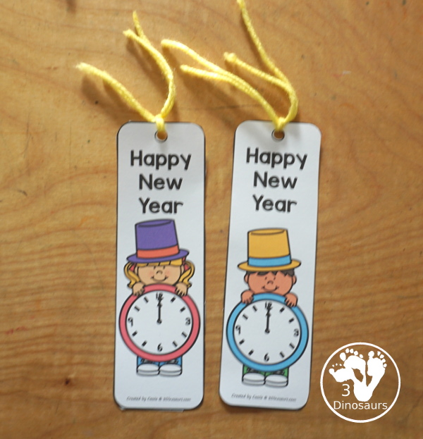 Free Happy New Year Bookmark Printables - 8 fun bookmarks to use for New Year's for kids. And they work for any year. 4 bookmarks per page - 3Dinosaurs.com