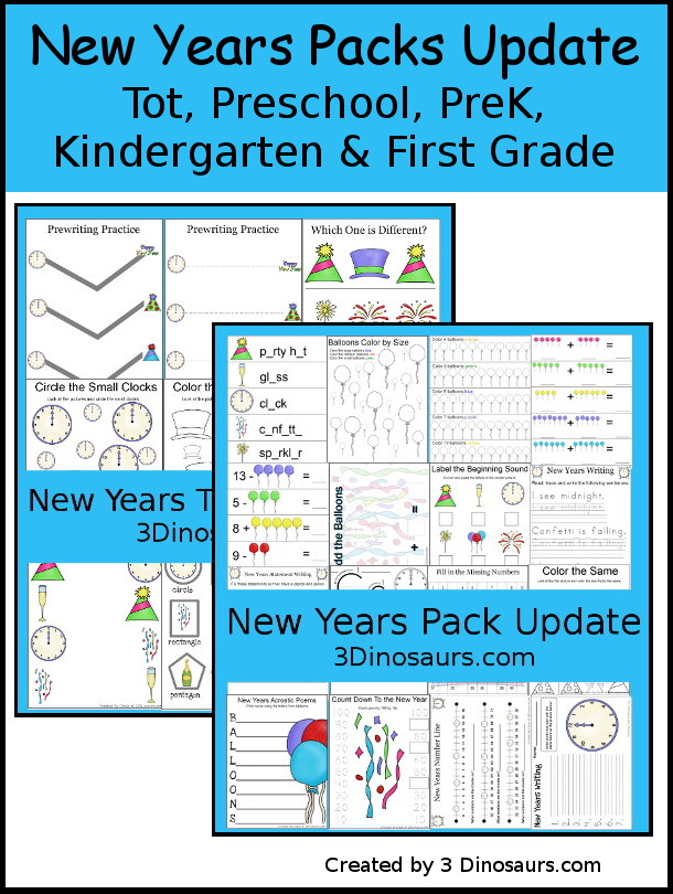 Free New Years Pack Update - a fun collection of printables for prek, preschool, kindergarten and first grade that has math and language activities in them All great for a New Years theme.