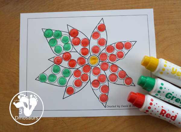 Free Poinsettia Fine Motor Mats - it has two poinsettia templates, a poinsettia tracing page, a poinsettia dot marker page, a poinsettia q-tip page, and a poinsettia template to cut out and make a poinsettia. A great fine motor set for kids - 3Dinosaurs.com