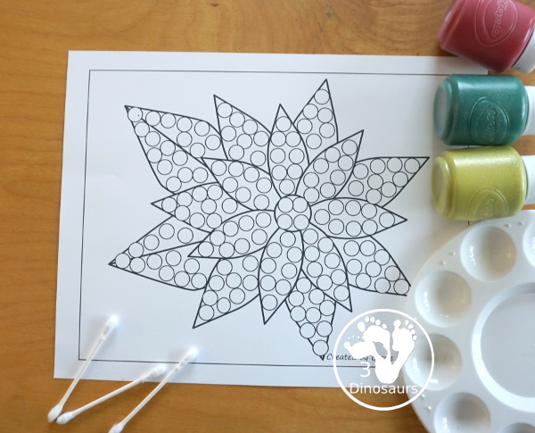 Free Poinsettia Fine Motor Mats - it has two poinsettia templates, a poinsettia tracing page, a poinsettia dot marker page, a poinsettia q-tip page, and a poinsettia template to cut out and make a poinsettia. A great fine motor set for kids - 3Dinosaurs.com
