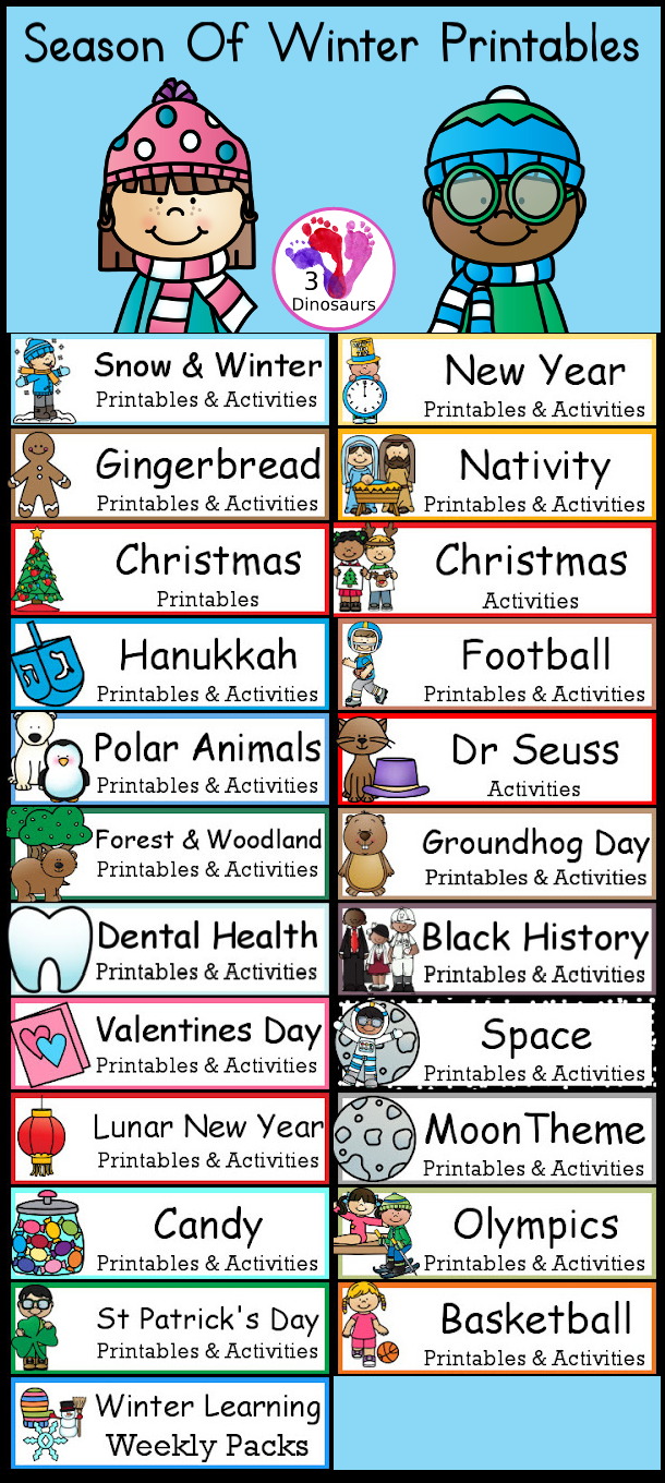 A whole Season of Winter Printables - a fun collection of different winter printables for kids to learn with for the seasons. Plus links to full rounds for each theme - 3Dinosaurs.com