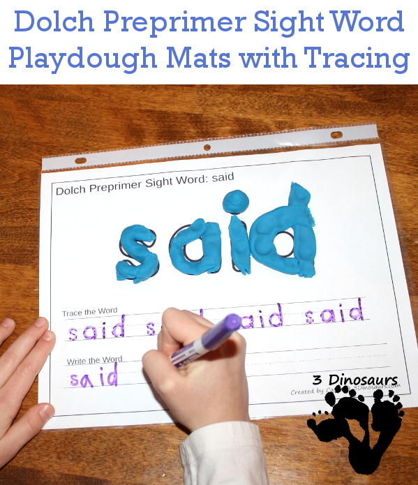 Free Preprimer Sight Words Playdough Mats with Tracing - 3Dinosaurs.com