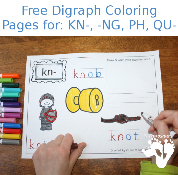 Free Digraph Coloring Pages: KN-, -NG, PH, QU- easy no prep coloring page - 3Dinosaurs.com