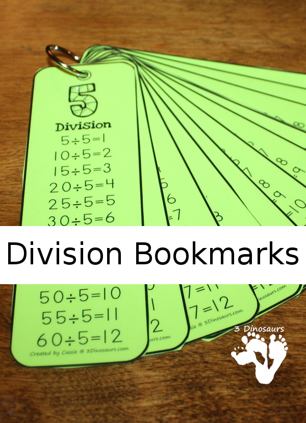 Free Division Bookmarks - Numbers 1 through 12 - 3Dinosaurs.com