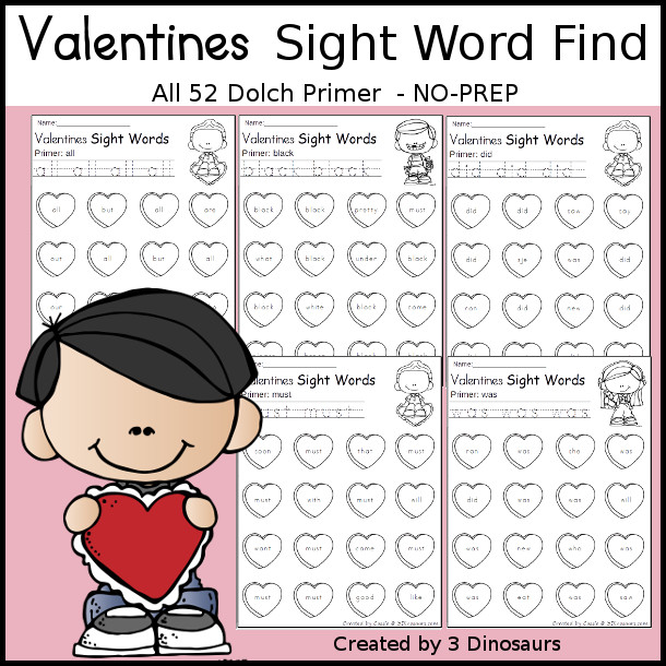 Valentines Sight Word Find: Primer - with trace the sight words and find the sight words for all 52 primer sight words - 3Dinosaurs.com