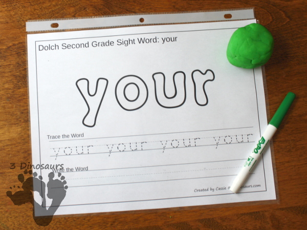 Free Dolch Second Grade Sight Words Playdough Mats with Tracing with all 46 dolch sight words- 3Dinosaurs.com