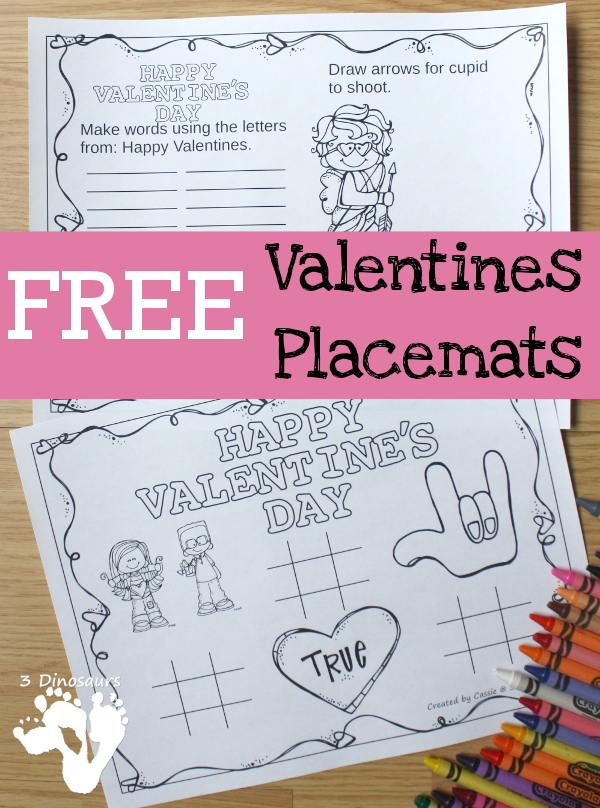 Fun & Free Valentines Themed Placemats - 4 different placemats to pick from - 3Dinosaurs.com