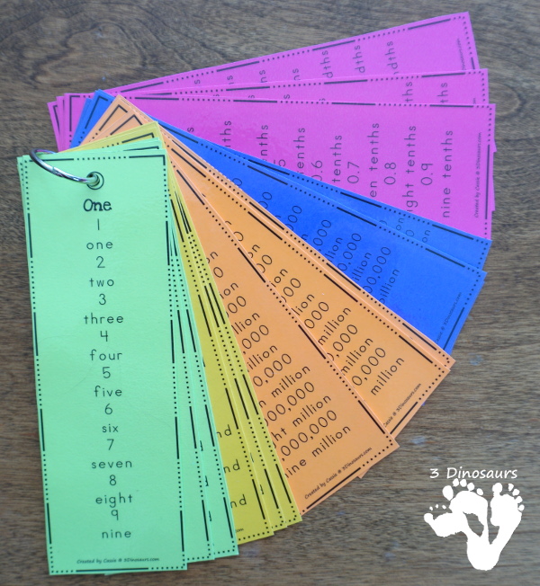 Place Value Bookmarks - for ones through hundred billion with tenth, hundredths thousandths, with just number digit or number digit with number word - 3Dinosaurs.com
