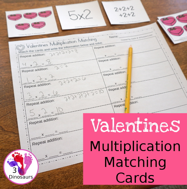Free Valentines Multiplication by 2 Matching Cards - multiplication by groups of 2 with recording sheet for kids to match and record - 3Dinosaurs.com