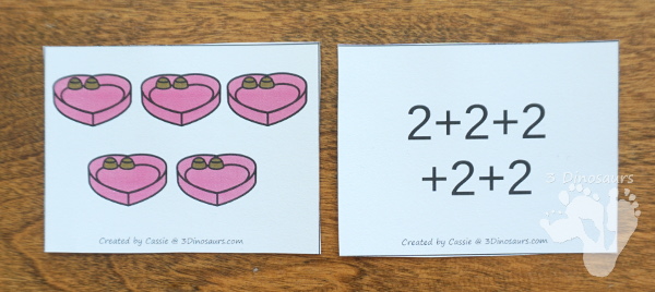Free Valentines Multiplication by 2 Matching Cards - multiplication by groups of 2 with recording sheet for kids to match and record - 3Dinosaurs.com