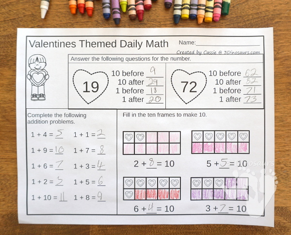 No-Prep Valentines Math Printables For Addition & Subtraction or Multiplication & Division - 30 pages in each set with review sheets at the end all in a Valetines theme with no cutting or prep work needed - 3Dinosaurs.com