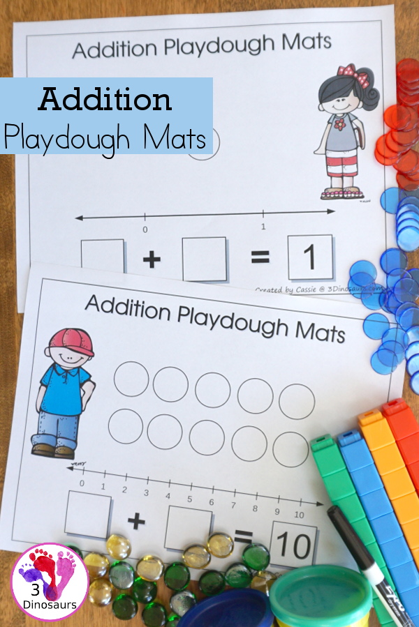 Free Addition 1 to 10 Playdough Mats - addition playdough mats with math from 1 to 10 with number line, equation, and matching circles for hands-on math - 3Dinosaurs.com #handsonmath #freeprintable #playdoughmat #addition #kindergarten #firstgrade
