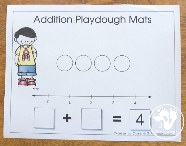Free Addition 1 to 10 Playdough Mats - addition playdough mats with math from 1 to 10 with number line, equation, and matching circles for hands-on math - 3Dinosaurs.com #handsonmath #freeprintable #playdoughmat #addition #kindergarten #firstgrade