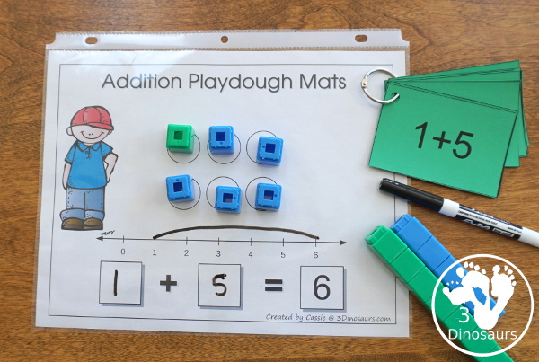 Free Addition 1 to 10 Playdough Mats - addition playdough mats with math from 1 to 10 with number line, equation, and matching circles for hands-on math - 3Dinosaurs.com #handsonmath #freeprintable #playdoughmat #addition #kindergarten #firstgrade