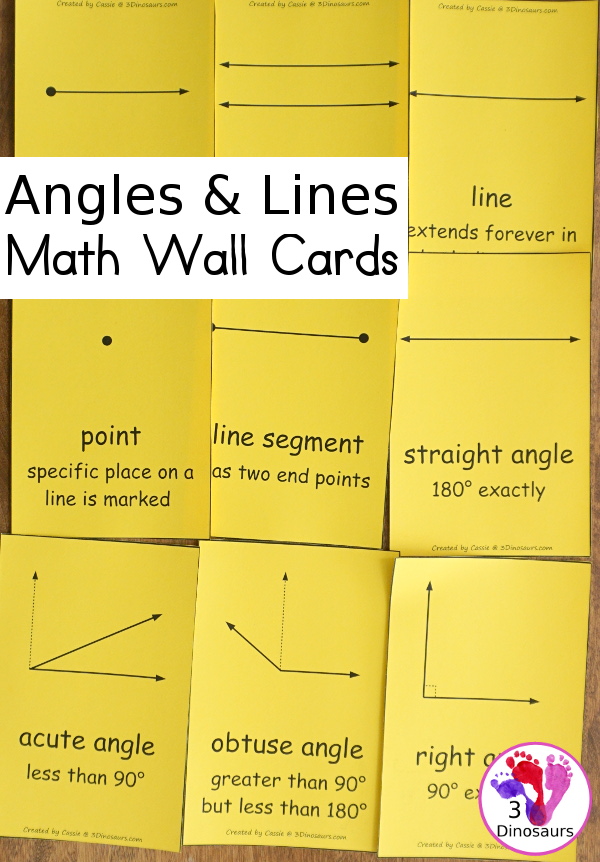 Free Geometry Math: Angles & Lines Wall Cards - 9 wall cards for 9 math terms for angles and lines - 3Dinosaurs.com #3dinosaurs #angles #geometry #thirdgrade #fourthgrade #freeprintable