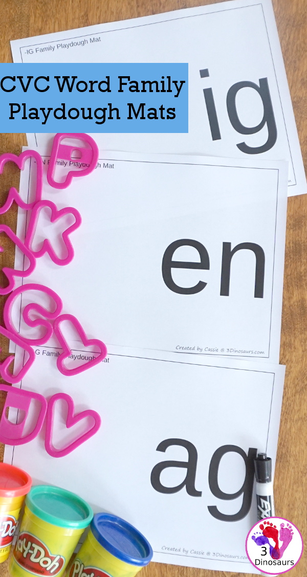 24 Free CVC Word Family Playdough Mats: -ad, -ag, -am, -an, -ar, -at, ay, -ed, -en, -et, -ig, -in, -ip, -it, -og, -op, -ot, -ow, -ox -oy, -ug, -un, -ut - Easy to use plus see a few ways to use the mats - 3Dinosaurs.com